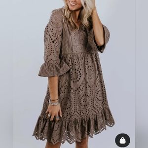 Hidden Alley Eyelet Embroidered Taupe M  Cotton Dress